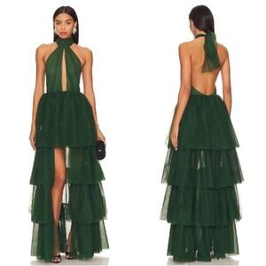 Lovers and Friends Forest Green Justine Tiered Tulle Maxi Dress Size XS